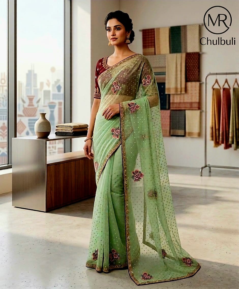 Green silk saree from M.R. Textile's wholesale collection